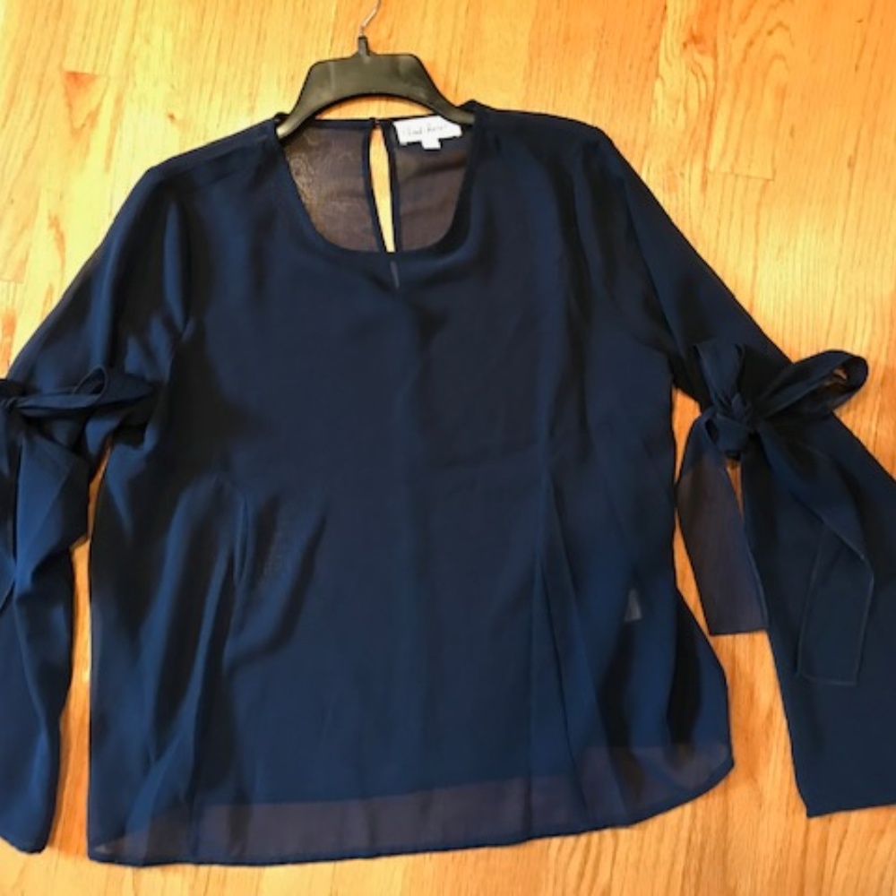 NEW Navy Sheer Tie at Wrists Blouse-Sz L